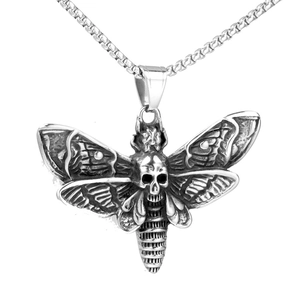 Gothic Stainless Steel Skull Moth Pendant Necklace Vintage Punk Dark Style Death Head Hawk Moth Jewelry For Men Women