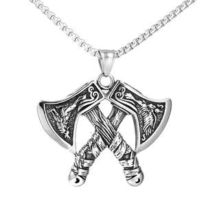 Vintage Stainless Steel Viking Battle Axe Pendant Necklace For Men Nordic Raven Wolf Totem Retro Punk Rock Jewelry Gift
