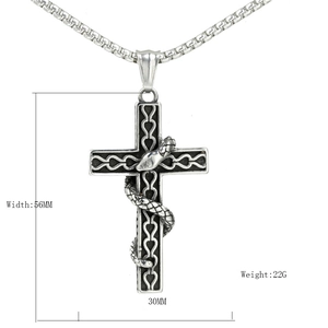 Gothic stainless steel snake wrapped around a cross pendant with dimensions 56mm by 30mm
