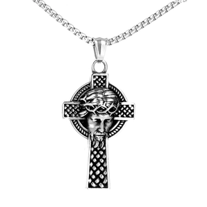 Vintage Stainless Steel Jesus Relief Cross Pendant Necklace For Men Religious Hollow Out Oxidized Finish Jewelry