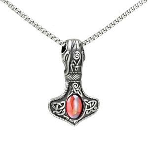 Vintage Mjolnir pendant necklace in stainless steel with a red stone and box chain