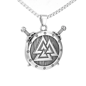 Collier Pendentif Bouclier Viking et Épées Croisées en Acier Inoxydable Valknut Rune Amulette Nordique Bijoux Vintage Ton Argent