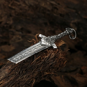 Nordic Viking sword pendant necklace in vintage stainless steel on rustic bark base