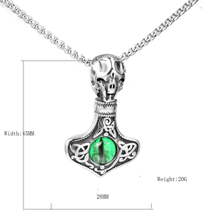 Viking Thor Hammer pendant with green cat-eye stone and skull design on chain