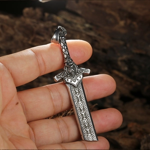 Nordic Viking sword pendant necklace in stainless steel with lion head engraving detail