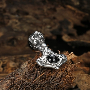 Silver Viking Thor's Hammer necklace pendant with black gemstone and Nordic engravings