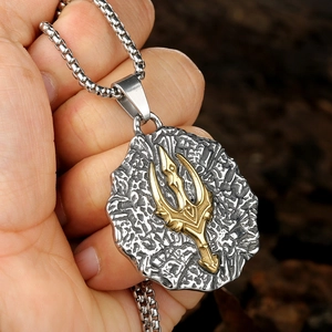 Collier pendentif trident viking nordique vintage en acier bicolore or et argent