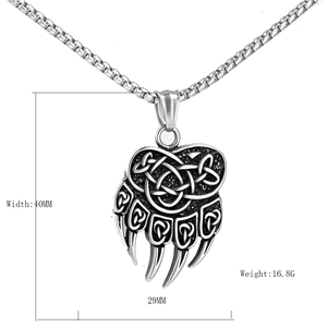 Nordic Viking bear claw pendant necklace in stainless steel with Celtic knot engravings