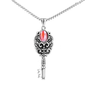 Collier Pendentif Clé en Acier Inoxydable 316 Style Ethnique Rétro Avec Strass Rouge Gothique Punk Hip Hop Bijoux de Mode pour Hommes Femmes