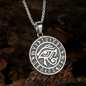 Retro stainless steel Eye of Horus medallion pendant necklace with ancient hieroglyphs