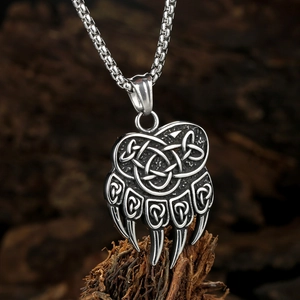Vintage stainless steel bear claw pendant necklace with Celtic knot engraving for men