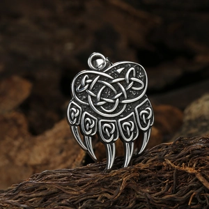 Vintage stainless steel Viking bear claw necklace with Celtic knot engraving for men