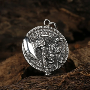 Viking raven and hammer stainless steel pendant necklace with nordic runes