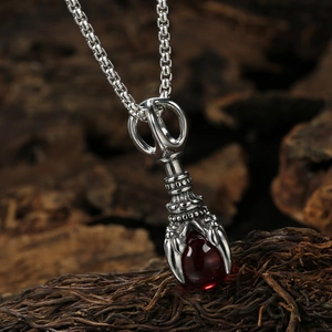 Retro dragon claw pendant necklace with red gem stone and steel box chain for men