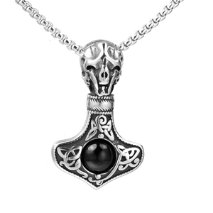 Silver Mjölnir pendant with skull and black gemstone on a steel box chain necklace