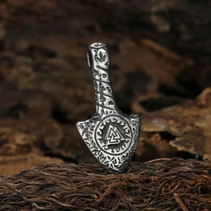 Viking Mjolnir pendant in two-tone stainless steel with Valknut symbol and rune engravings