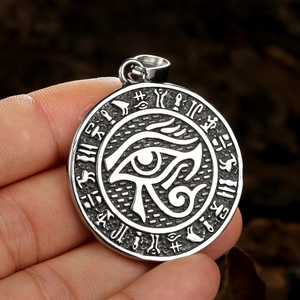 Retro stainless steel Eye of Horus pendant necklace with ancient Egyptian hieroglyphs