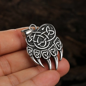 Vintage stainless steel bear claw pendant with Celtic knot engravings and wide metal bail