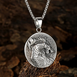 Viking wolf head pendant necklace in stainless steel with Celtic knot relief details