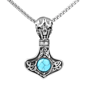 Stainless steel Viking Mjolnir pendant with turquoise stone and skull detail on chain