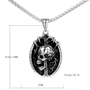 Gothic skull oval pendant necklace in antique silver finish for men, 40mm stainless steel