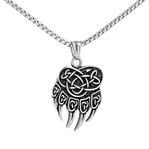Vintage 316 Stainless Steel Viking Bear Claw Pendant Necklace For Men Nordic Celtic Knot Pattern Polished Punk Jewelry