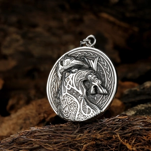 Viking wolf head medallion pendant in polished stainless steel with Celtic knotwork design