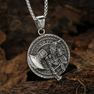 Vintage Viking raven and axe stainless steel pendant necklace with Norse runes