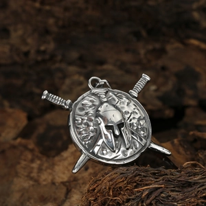 Vintage stainless steel Spartan helmet shield and swords pendant necklace for men