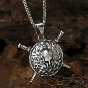 Vintage Spartan helmet and sword shield pendant necklace in stainless steel with box chain