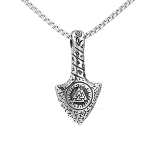 Vintage stainless steel spearhead necklace for men featuring a Valknut shield pendant