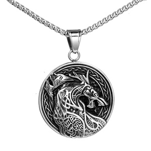 Stainless Steel Viking Wolf Head Pendant Necklace Retro Nordic Mythology Celtic Knot Fenrir Wolf Round Amulet For Men Jewelry