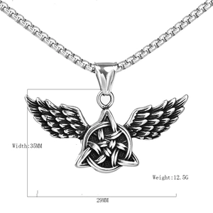 Vintage stainless steel wing pendant necklace with celtic knot design and dimensions