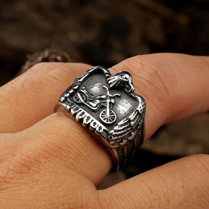 Vintage stainless steel eagle and motorcycle ring with a bold punk biker style for men