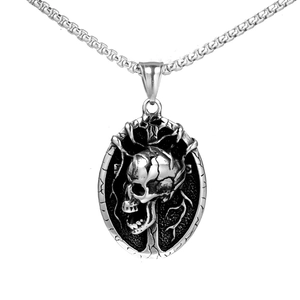 Men's punk skull pendant necklace in silver stainless steel with box chain
