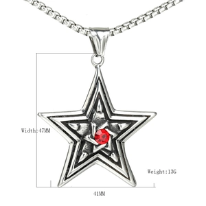 Gothic punk pentagram pendant necklace with red gemstone in stainless steel
