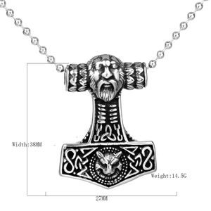 Nordic Mjolnir pendant with Odin relief and wolf patterns on a bead chain necklace