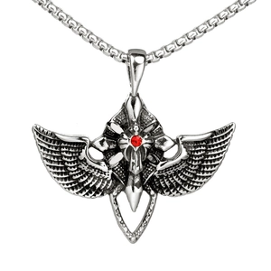 Gothic cross necklace with silver eagle wings and central red gemstone on box chain