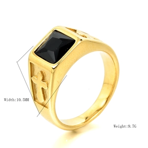 Men's vintage gold cross ring with black rectangular gemstone and 10.5mm width