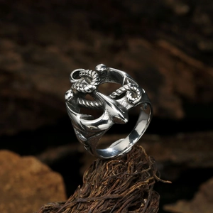 Vintage stainless steel anchor ring with nautical rope design and silver finish for men