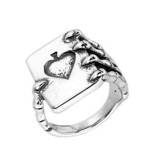 Retro punk titanium steel men's ring featuring a skeletal hand holding a spade charm