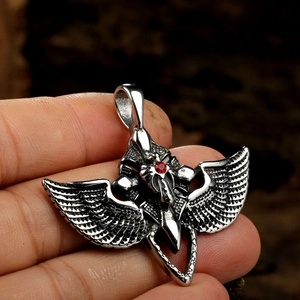 Gothic Stainless Steel Devil Winged Cross Pendant With Red Rhinestone Vintage Punk Style Men Necklace Jewelry Pendant Only