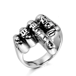 Vintage Punk Middle Finger Fuck Off Letter Ring For Men Stainless Steel Goth Hip Hop Finger Band Jewelry Gift