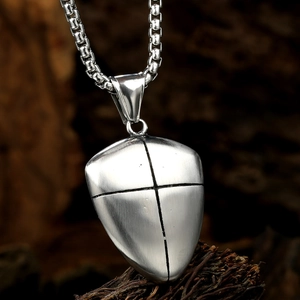 Silver shield pendant necklace with cross engraving on box chain for men