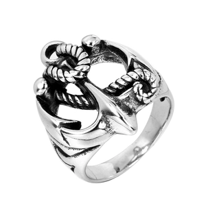Vintage stainless steel anchor ring for men with nautical rope texture and aged finish