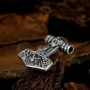 Vintage Viking Thor Hammer pendant with lion head engraving in silver stainless steel