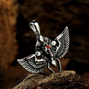 Retro stainless steel devil wing cross pendant with red gemstone and feather details