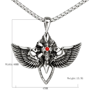 Gothic cross necklace with eagle wings and red crystal pendant for men in punk style