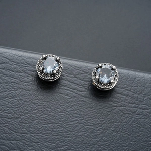 Vintage Silber Magnet-Ohrclips mit blau-grauem Stein und schwarzer Zirkonia-Umrandung