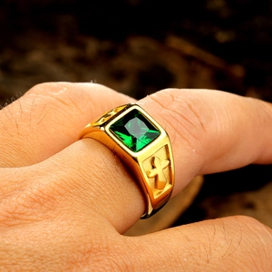 Men's gold-plated titanium steel ring with square green gemstone and cross relief